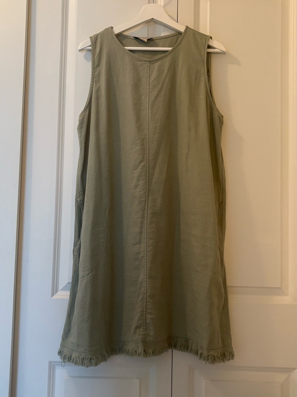 Sleeveless Olive Shift Dress with Fringe Hem